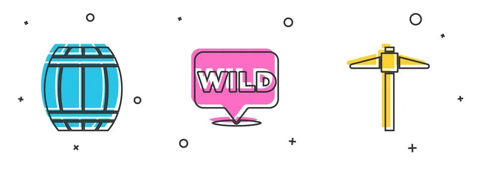 Set Gun powder barrel, Pointer to wild west and Pickaxe icon. Vector 스톡 일러스트