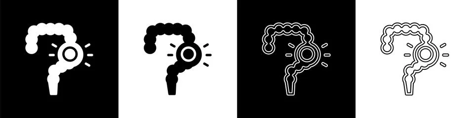 Set Gut constipation icon isolated on black and white background. Bowel problems Illustrazione stock