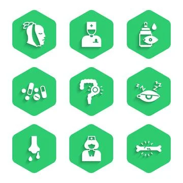 Set Gut constipation, Nurse, Bone pain, Insomnia, Runny nose, Medicine pill or Stock Illustration