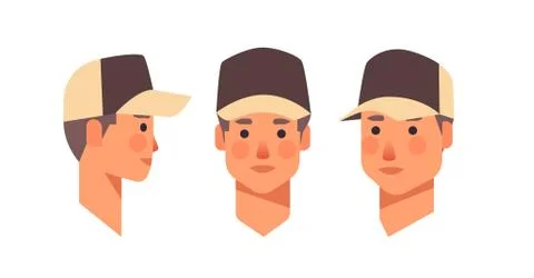 Set guy in cap head avatar front side view male character different views for Illustrazione stock