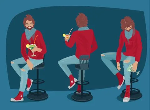 Set of guy with cocktail in different poses Illustrazione stock