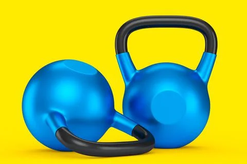 Set of gym blue kettlebell for workout isolated on yellow background Stock Illustration