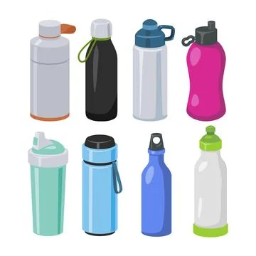 Set of gym bottle set collection for water dehydration. Reusable plastic an.. Stock Illustration