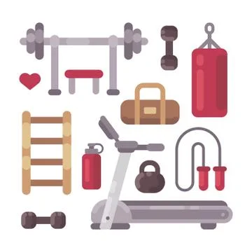 Set of gym equipment icons. Sport and fitness objects flat illustration Stock Illustration