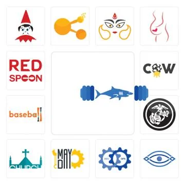 Set of gymshark, eye, devops, mayday, church, usmc, baseball, cow, spoon on i Free Stock Illustration