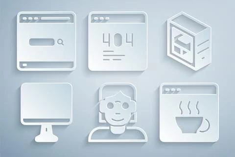 Set Hacker or coder, Computer, monitor screen, Software, Page with 404 error and Stock Illustration