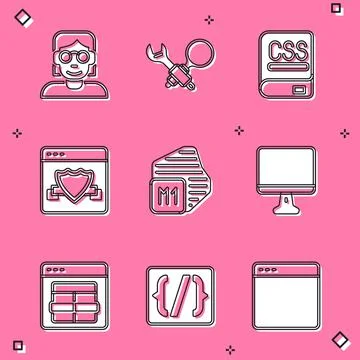 Set Hacker or coder, Debugging, Books about programming, Browser with shield Stock Illustration