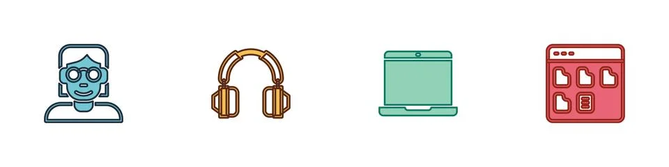 Set Hacker or coder, Headphones, Laptop and Browser files icon. Vector Stock Illustration