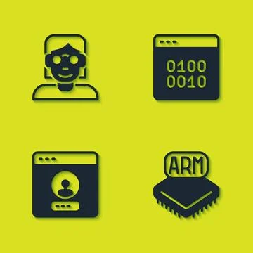 Set Hacker or coder, Processor, Create account screen and Binary icon. Vector Stock Illustration