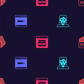 Set Hacker or coder, Search engine, MySQL and Processor on seamless pattern Illustration