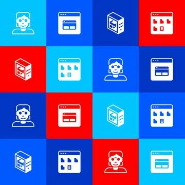 Set Hacker or coder, Search engine, Computer and Browser files icon. Vector Stock Illustration
