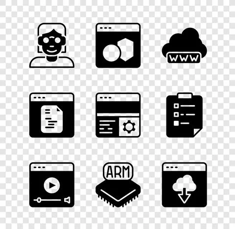 Set Hacker or coder, Software, Web development, Online play video, Processor Illustrazione stock