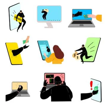 Set of hacking the internet social network concept. Vector illustration in flat Illustrazione stock