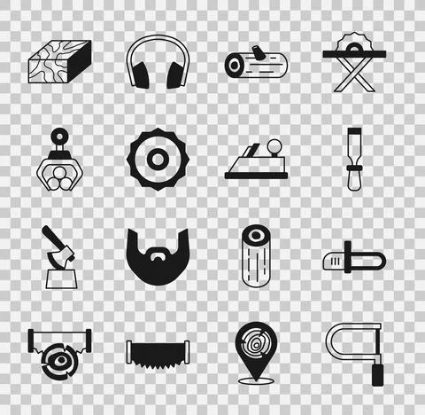 Set Hacksaw, Chainsaw, Chisel tool, Wooden logs, ircular blade, Grapple crane イラスト素材