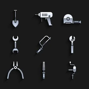 Set Hacksaw, Chisel tool for wood, Hand drill, Adjustable wrench, Pliers, Wrench Stock Illustration