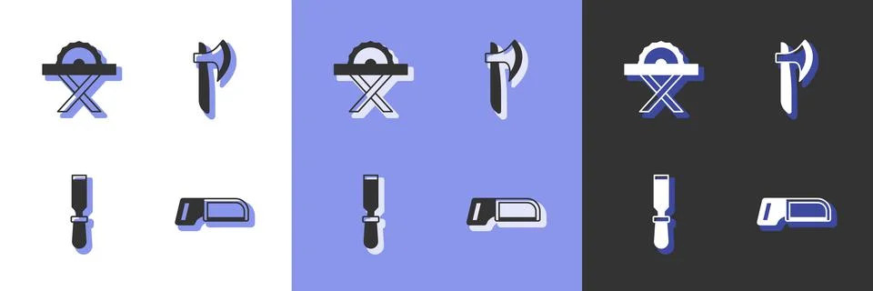 Set Hacksaw, Electric circular, Chisel tool and Wooden axe icon. Vector Stock Illustration