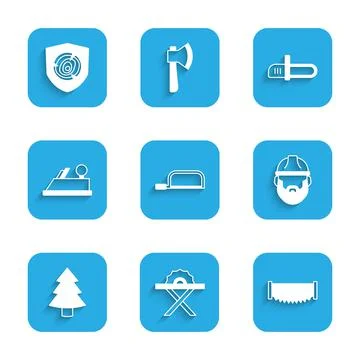 Set Hacksaw, Electric circular, Two-handed, Lumberjack, Christmas tree, Wood Stock Illustration