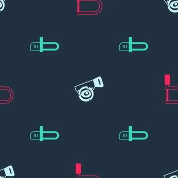 Set Hacksaw, Hand and log and Chainsaw on seamless pattern. Vector Stock Illustration