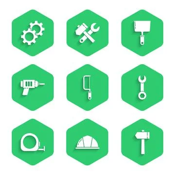 Set Hacksaw, Worker safety helmet, Hammer, Wrench spanner, Roulette construction Stock Illustration