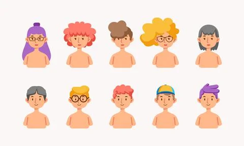 Set of half body character figures boy and girl with different hairstyles and Stock Illustration