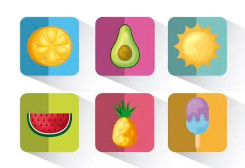 Set of half orange with pineapple and icons Stock Illustration
