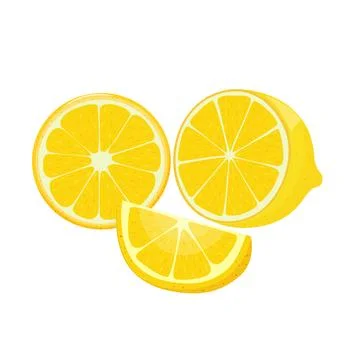 Set of half, round slice and wedge of yellow lemon on white background. Tropical Stock Illustration