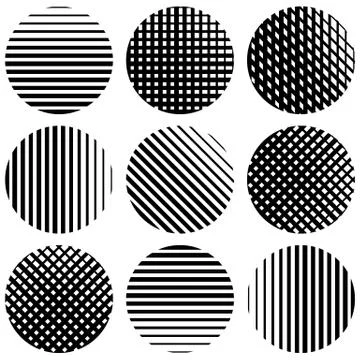 Set of half-tone lines in circles. Straight vertical, horizontal, diagonal an イラスト素材