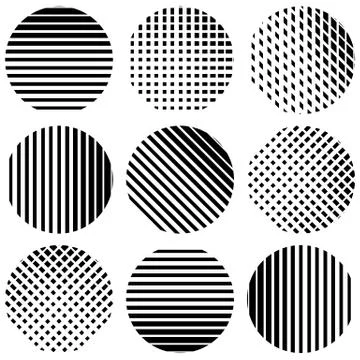 Set of half-tone lines in circles. Straight vertical, horizontal, diagonal an Stock Illustration