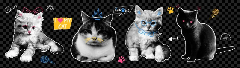 Set of halftone cats with doodle elements. Vector elements in pop art style.. Illustrazione stock