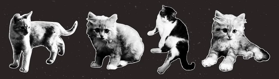 Set of halftone cats. Vector elements in pop art style. Y2k collage design. 스톡 일러스트