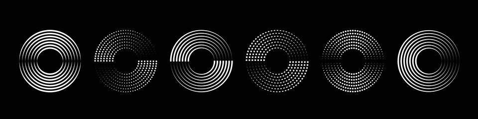 Set of halftone circular dotted frames, Minimalistic geometric logo. Circle dots Illustrazione stock