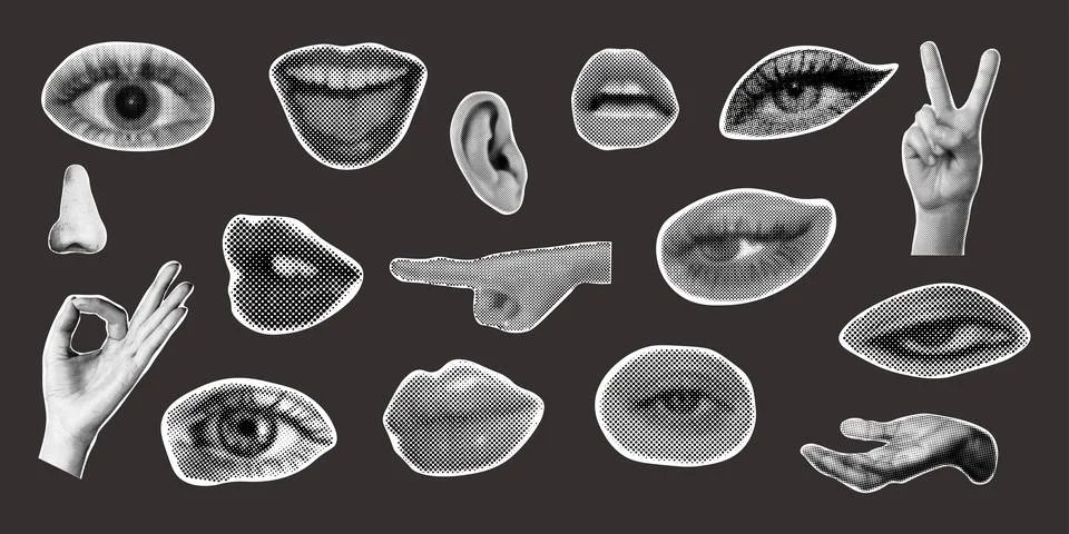 Set halftone collage design elements. Trendy magazine style. Retro modern d.. Stock Illustration