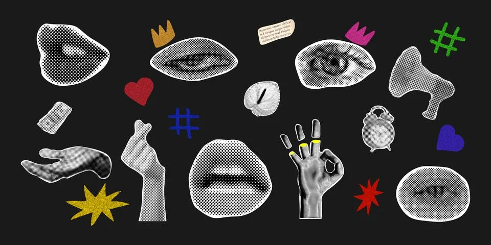 Set halftone collage design elements. Trendy magazine style. Retro modern d.. Stock Illustration