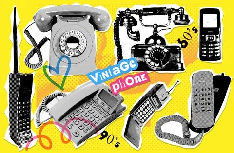 Set of halftone collage elements with phones with handset. TelePhone evolution Stock Illustration