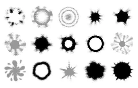 Set of halftone dotted backgrounds. Half tone circular irregular halftone poi Illustrazione stock