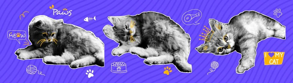 Set of halftone elements with doodle elements. Cue cats in different poses... Stock Illustration