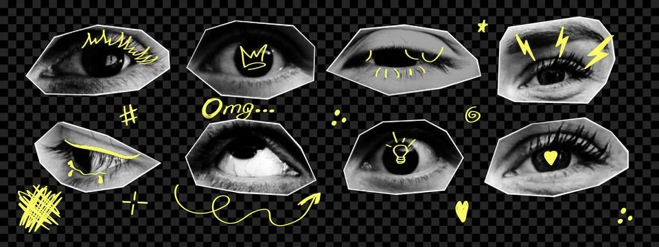 Set of halftone eyes with doodle elements. y2k collage design. Modern vecto.. Stock Illustration