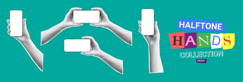 Set of halftone hands with smartphone Stock Illustration