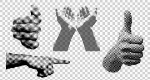 Set of halftone human hand gestures showing different signs on white backgr.. Stock Illustration