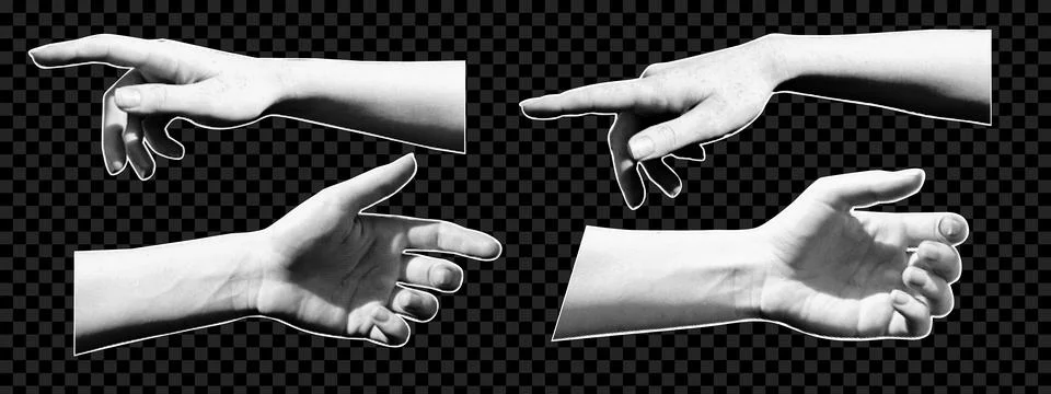 Set of halftone human hands. Y2k collage design. Pop art paper cut element 스톡 일러스트