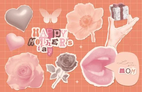 Set of Halftone paper torn out Mothers Day collage elements set. Creative Stock Illustration