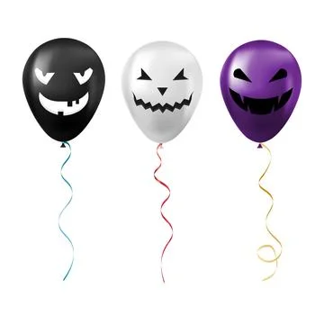 Set of Halloween black, white and purple balloons with scary and funny faces Stock Illustration