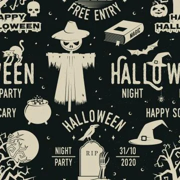 Set of Halloween celebration seamless pattern with retro grunge effect. Vector Stock Illustration