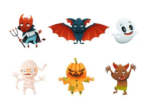 Set of Halloween characters. Devil, bat, ghost, zombie, mummy, pumpkin vector Stock Illustration