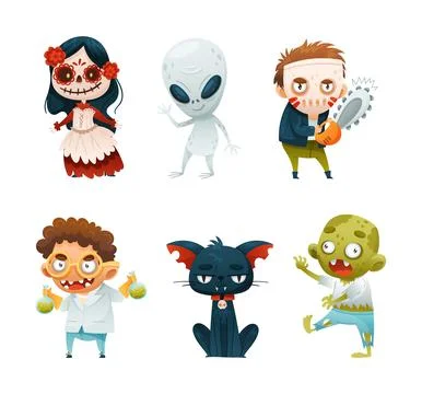 Set of Halloween characters. Ghost, zombie, cat, Frankenstein vector Stock Illustration