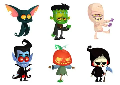 Set of Halloween characters. Vector mummy, zombie, vampire,  bat, death grim  Stock Illustration