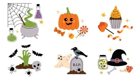 Set of Halloween compositions with pumpkin, cauldron, candies, zombie hand,.. Stock Illustration