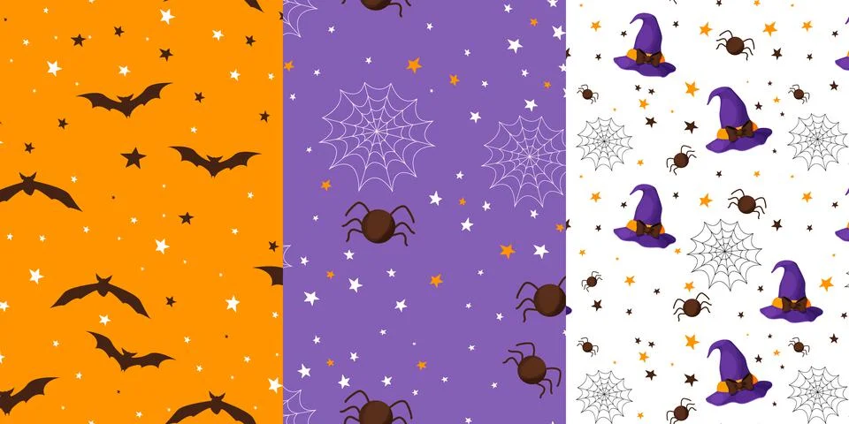 Set Halloween cute seamless patterns with bat, spider and witch hat in simple Stock Illustration