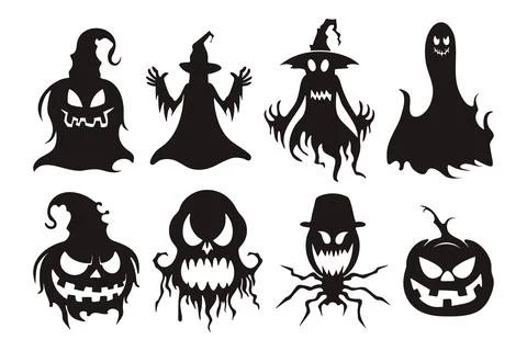 Set of halloween decor elements silhouettes. Scary ghosts, pumpkin face, witch Illustrazione stock