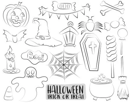 Set of Halloween design elements and icons in a cartoon style black and white イラスト素材